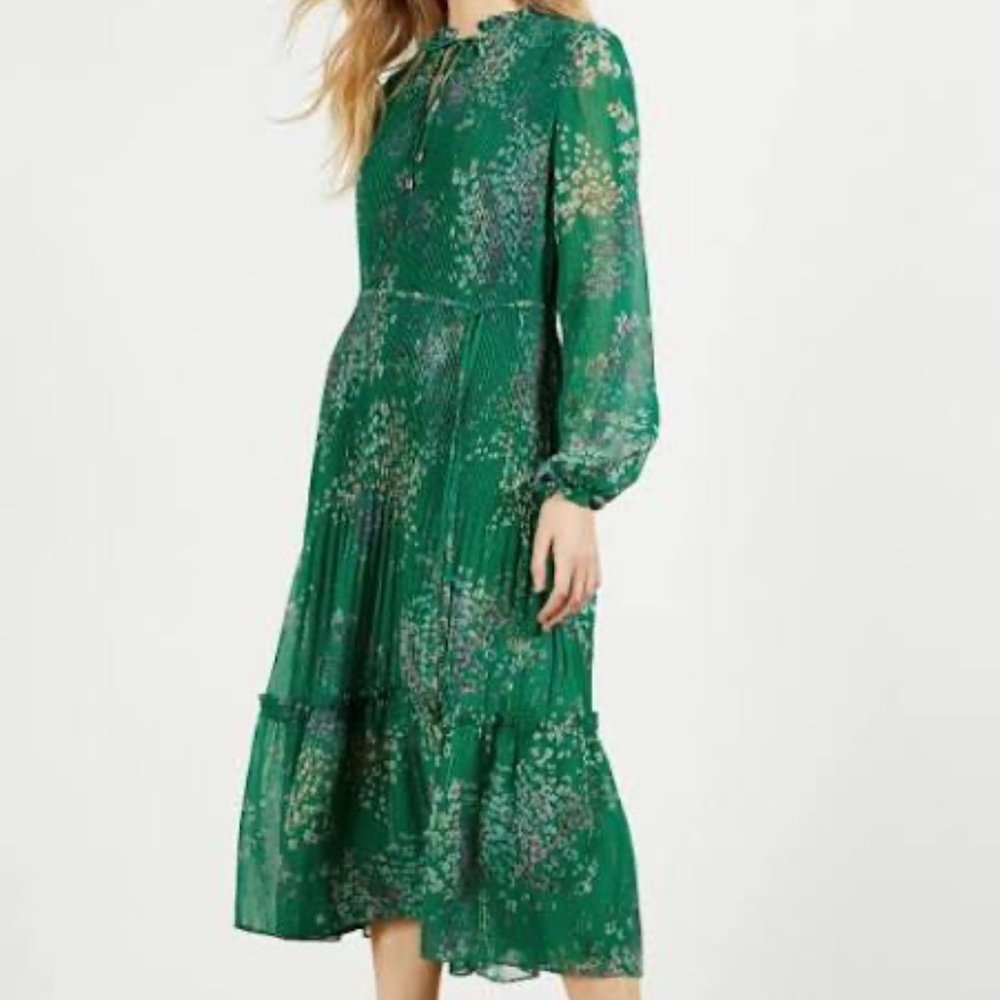 NWT Ted Baker Green Pleated Floral Dress sz 0 pink purple yellow flowers